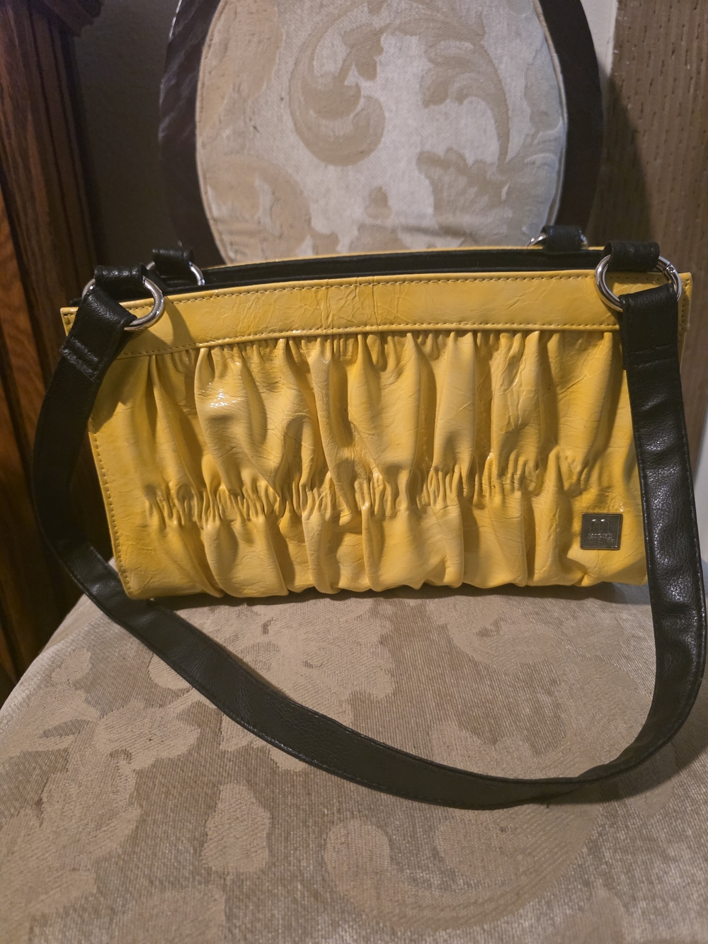 Miche Yellow Gathered Leather Shoulder Bag with Black Strap